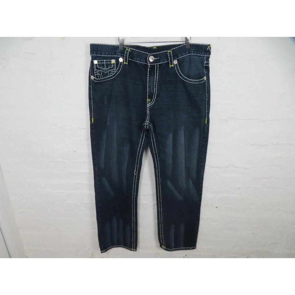 Vtg True Religion Ricky Super T JeansMen 42x34 Blue Flap Pocket USA Thick Stitch